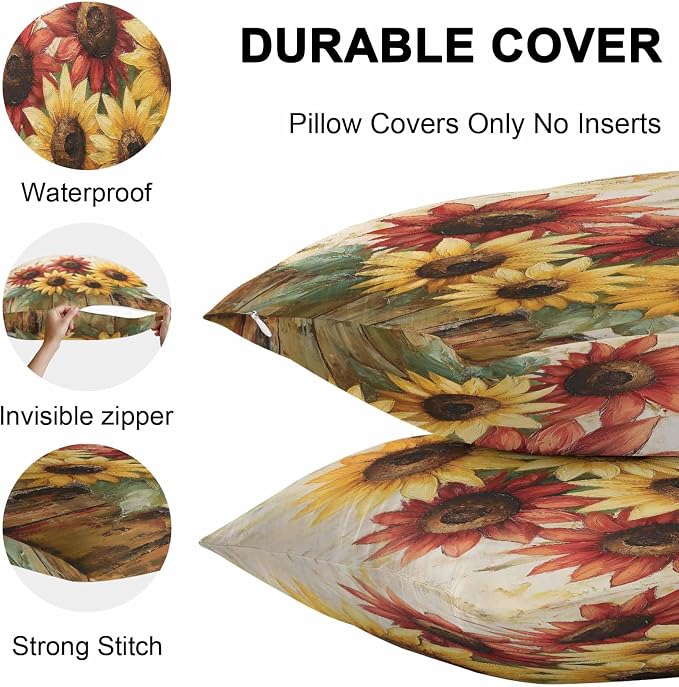 Retro Farmhouse Red Yellow Sunflower Outdoor Pillow Covers 20x20in Pack of 2 Waterproof Pillowcase Vintage Rustic Wood Floral Decorative Throw Cushion Case for Patio Couch Sofa