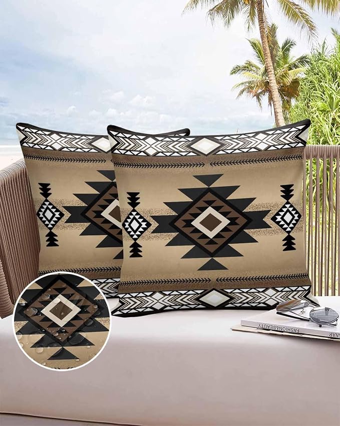 Vandarllin Outdoor Throw Pillows Covers 18x18 inch Set of 2 Waterproof Brown Tribal Style Decorative Zippered Cushion Covers for Patio Furniture, Southwest Native American Lumbar Pillowcases
