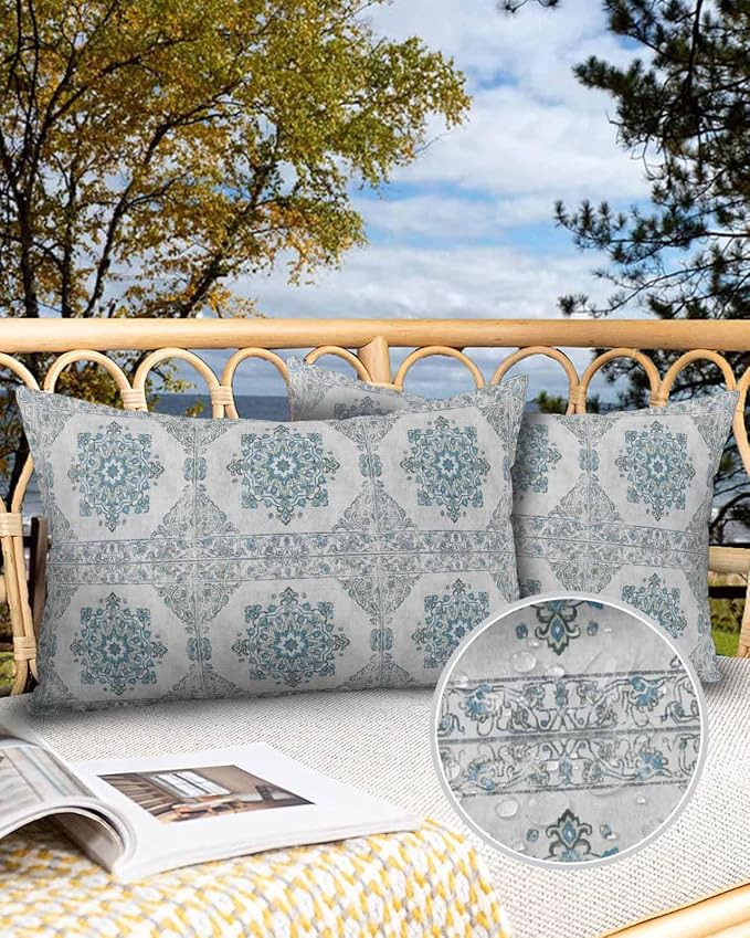 Waterproof Throw Pillow Covers for Couch Patio Living Room Furniture Garden Balcony, Retro Ethnic Floral Texture Style Blue Rectangle Cushion Cases Home Decorations, 20 x 12 Inch Set of 2