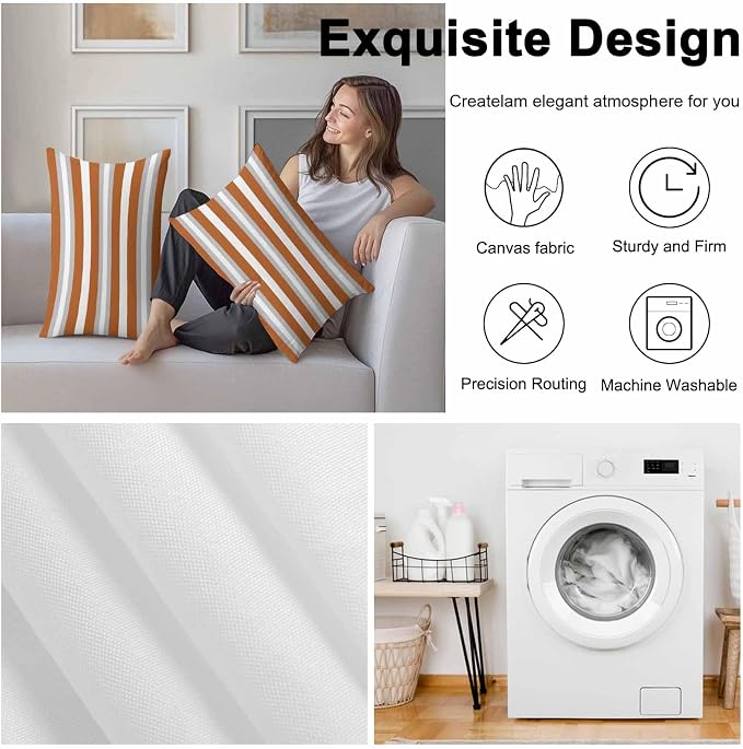 Lumbar Pillow Covers 20x12 Inch Set of 2, Burnt Orange Grey Stripe Waterproof Outdoor Pillow Covers, Minimalist Farmhouse Striped Decorative Cushion Pillowcases for Couch, Sofa, Bed, Garden, Patio