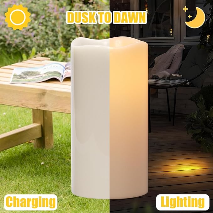 Large Solar Powered Candles, Outdoor Rechargeable Flameless Candles, Waterproof LED Light Candles Flickering for Lantern Garden Camping Patio Home Decor Dusk to Dawn 2 PCS 4" x8"