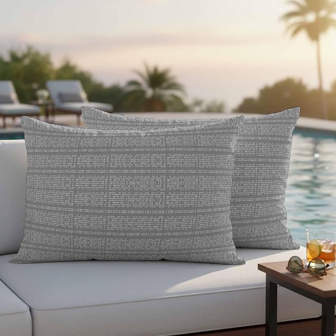 Outdoor Waterproof Throw Pillow Covers Set of 2 Stripes Grain Lumbar Pillowcases 20x12 Inches Grey Solid Color Decorative Pillows Cushion Case Patio Pillows for Couch Bed Chair Garden