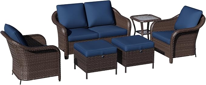 6 Piece Patio Wicker Conversation Set, All-Weather Use Outdoor Wicker Loveseat with 2 PE Rattan Ottomans,2 Chair, 1 Side Table, Ideal for Porch, Backyard, Balcony, Poolside, Blue
