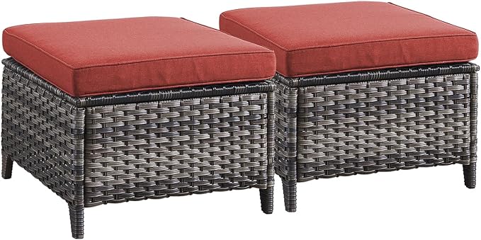 Rilyson Luxury Outdoor Wicker Patio Ottomans Set of 2, 250 lbs Capacity Rattan Large Ottomans for Patio Footrest Set 22.8in*22.8in*14in with 3.5in Thick Cushion (Mixed Grey/Red)