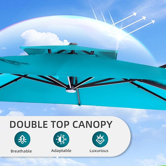 9 X 12 FT Cantilever Patio Umbrella with Led Lights Heavy Duty Outdoor Double Top Large Rectangle Offset Umbrellas with 360-degree Rotation for Garden Pool Deck Backyard, Turquoise