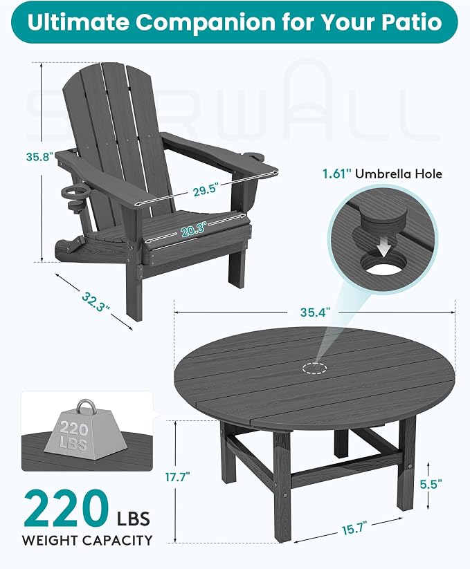 SERWALL 6-Piece Patio Set, 4 Folding Adirondack Chairs with Cup Holders, Round Table & Center Pole Umbrella, HDPE Plastic, Grey