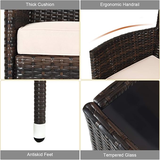 4 Pieces Patio Sofa Set, Wicker Conversation Set with Ergonomic Curved Backrest, Patio Rattan Furniture Set with Water-Resistant Cushion & Tempered Glass Table for Balcony, Porch (Brown)