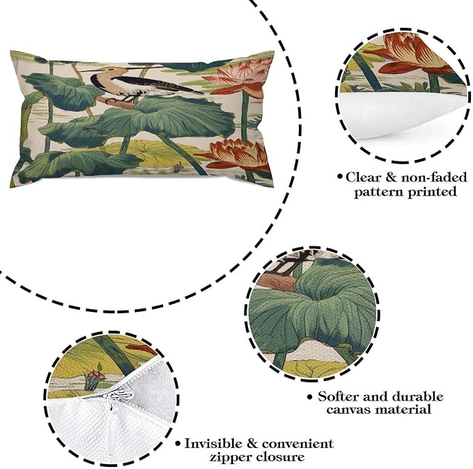 Set of 2 Chinese Pond Bird Decorative Throw Pillow Covers 12x24in Farmhouse Rectangle Accent Pillow Cases Cushion Cover Cases for Sofa Chair Bedroom Home Decor