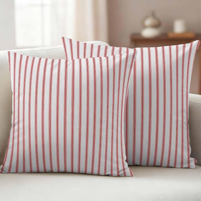 Outdoor Pillow Covers 18x18 Set of 2 Red Stripes Outdoor Pillows Waterproof Throw Pillow Covers Red Beige Vertical Striped Pillowcases Decorative Case for Patio Cushion