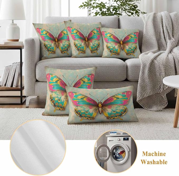 Watercolor Butterfly Outdoor Waterproof Throw Pillow Covers Set of 2, 18"x18", Corlorful Vintage Texture Decorative Pillow Covers Outside Cushion Case for Patio Porch Garden