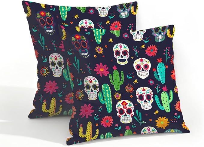 18x18 Inch Outdoor Pillow Covers Set of 2 Waterproof Throw Pillow Covers Decorative Couch Cushion Covers Mexican Skulls Cacti Flowers Square Pillowcases Protectors for Patio Garden Sofa