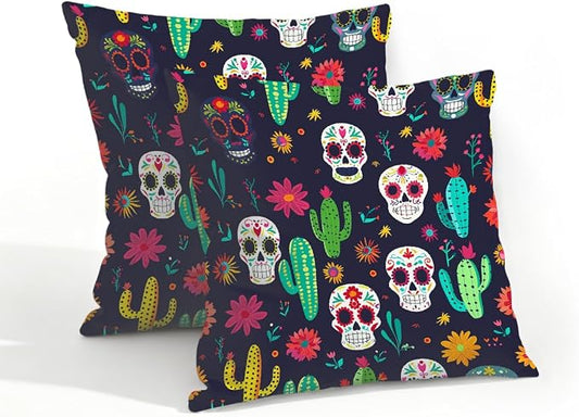 18x18 Inch Outdoor Pillow Covers Set of 2 Waterproof Throw Pillow Covers Decorative Couch Cushion Covers Mexican Skulls Cacti Flowers Square Pillowcases Protectors for Patio Garden Sofa