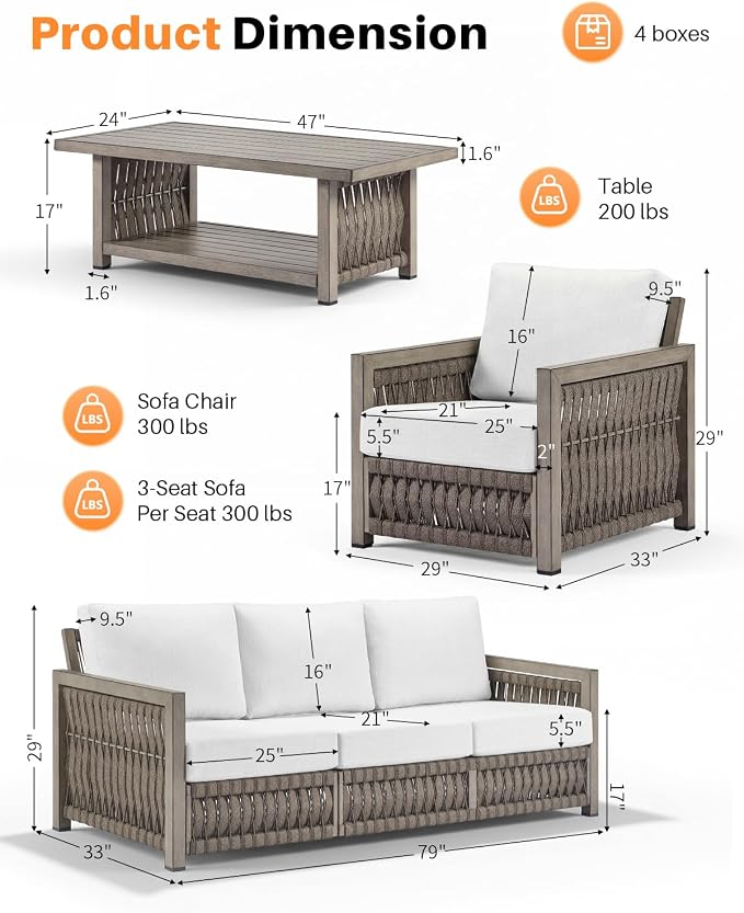 4-Piece Patio Furniture Set, Aluminum Outdoor Patio Conversation Set with Washable Cushions, Rope Weave Outdoor Furniture Sofa Set with Coffee Table for Deck, Poolside, Backyard, Gray Oak