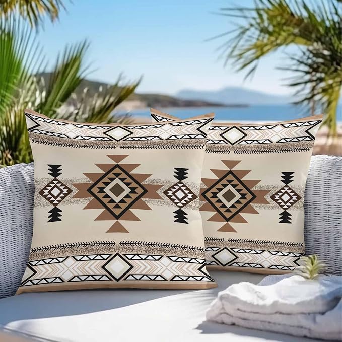 Outdoor Waterproof Throw Pillow Covers Set of 2 Brown Aztec Pillowcases 26x26 Inches Western Tribal Boho Pattern Decorative Pillows Cushion Case Patio Pillows for Couch Bed Chair Garden