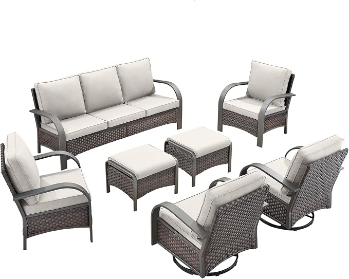 HUMMUH 7 Piece Outdoor Patio Furniture Sets-High Back Swivel Rocker Patio Chairs with Wicker Patio Couch Outdoor Conversation Furniture Set for Deck Porch Garden Poolside Backyard-Brown/Beige
