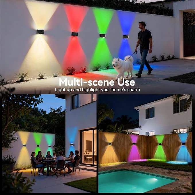 TECKNET Solar Fence Lights, Up Down Lights & 200°Wide Lighting, 8 Modes RGB Color Changing, 6 Pack, IP66 Waterproof Dual-Lens LED Decorative Lights for Wall/Garden/Fence/Patio/Backyard