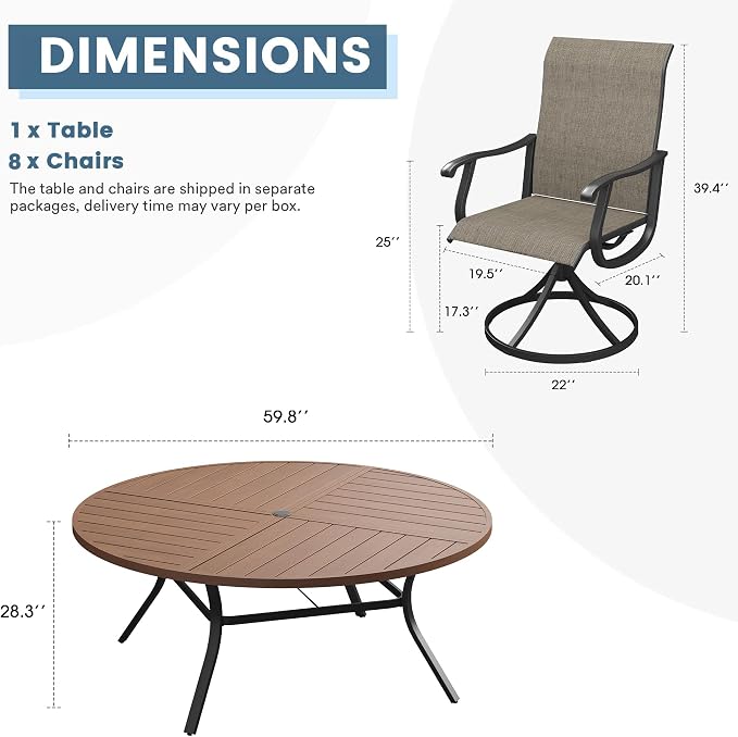 DIFY Patio Table and Chairs Set for 8, 9 Piece Outdoor Dining Set, 59.8" Walnut Round Metal Dining Table with Umbrella Hole and 8 Brown Textilene Swivel Patio Chairs, for Garden Backyard Deck