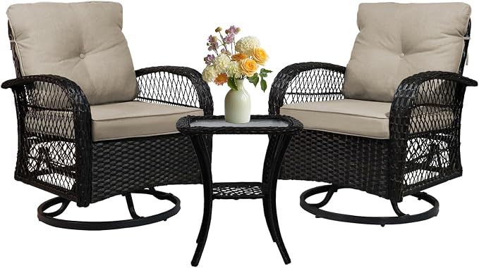 SHGJ&SOFT 3 Piece Patio Furniture Set, 2 Outdoor Swivel Rocking Chairs with Side Table, Wicker Glider Chairs, All-Weather Rattan Bistro Set for Porch, Deck, Pool (Brown, Brown Open-Weave Rattan)