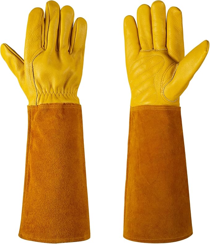 Acdyion Thorn Proof Gardening Gloves for Men & Women, Butter Yellow, S | Long Puncture-resistant Cowhide Leather Gauntlets for Rose Pruning, Cacti, and Yard Work