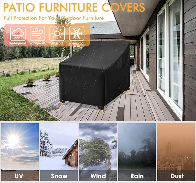 WLEAFJ Patio Swivel Chair Covers Waterproof, Black Outdoor Rocking Chair Covers, Heavy Duty Patio Lounge Deep Seat Cover, 2 Pack - 31.5" W x 33.5" D x 36" H