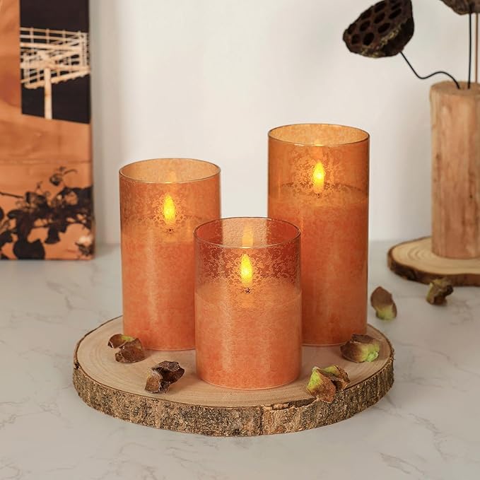 Flameless Candles with Remote, 3D Wick Realistic LED Candles Flickering, Real Wax in Glass Orange Fake Candles for Wedding Party Festival Home Decor Gifts