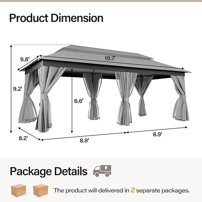 LAUSAINT HOME Patio Gazebo 10'x20', Outdoor Heavy Duty Party Tent Shelter with Double Roofs, Mosquito Nettings and Privacy Screens for Backyard, Garden, Lawn, Gray