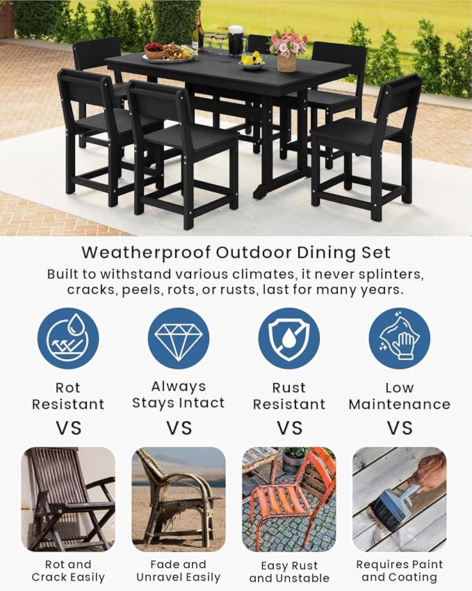 7-Piece HDPE Outdoor Dining Set, Weatherproof Patio Table and Chairs for 6, Outdoor Dining Table Set for Outside Deck Backyard Garden, Black