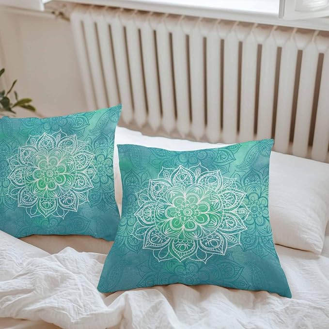 Vandarllin Outdoor Throw Pillows Covers 26x26 inch Set of 2 Waterproof Turquoise Boho Floral Decorative Zippered Cushion Covers for Patio Furniture, Bohemian Flower Lumbar Pillowcases