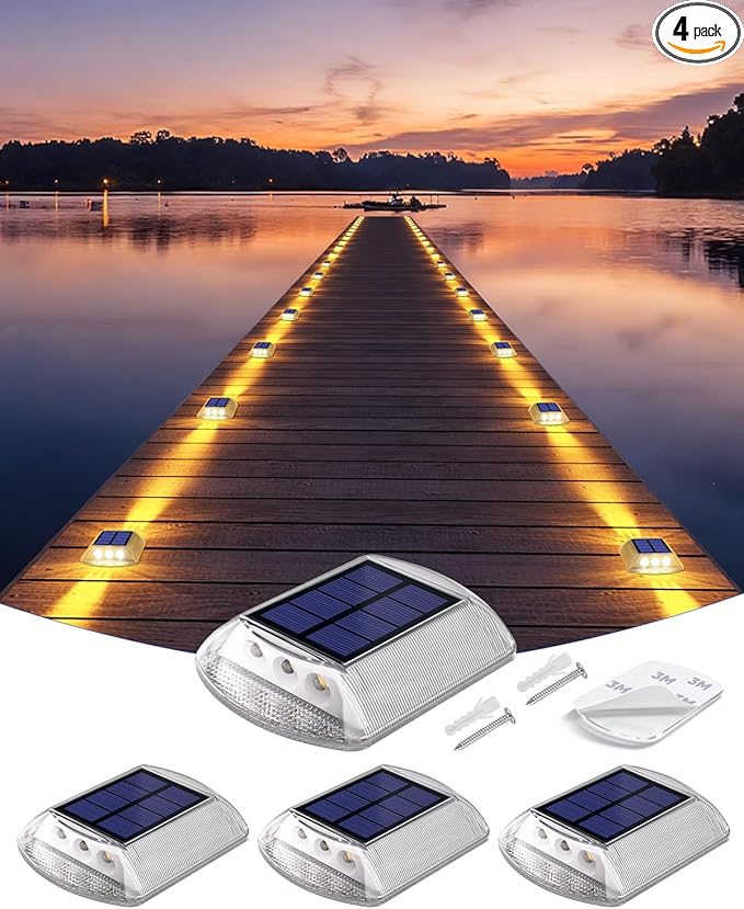 DetarZinLED Solar Deck Lights Outdoor, 4 Pack Warm White Driveway Lights Solar Powered, IP68 Waterproof Stick on & Screw Dock Light for Pathway, Walkway, Sidewalk, Patio, Pool Deck, Garden, Step