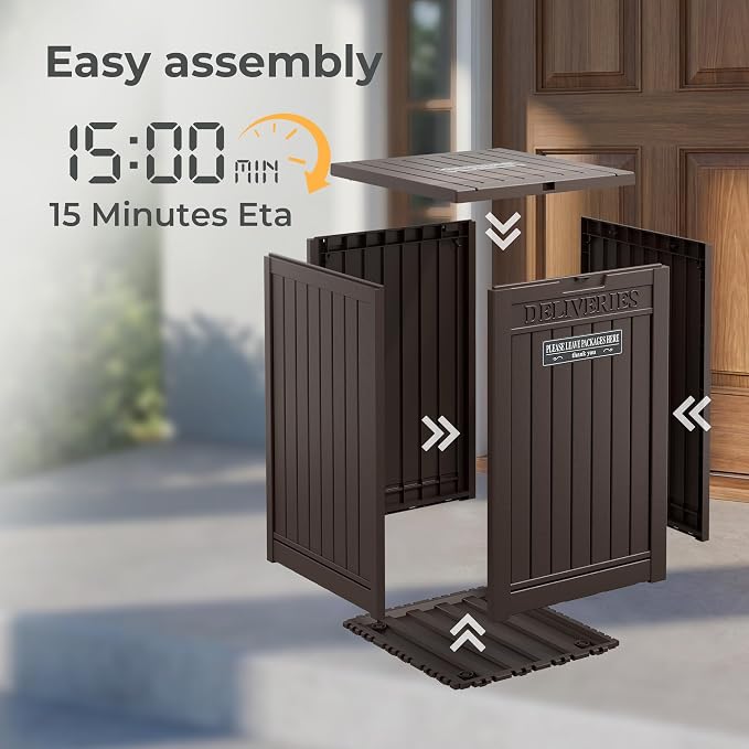 Package Delivery Box for Outside With Sign, Lockable Outdoor Storage Box Waterproof Deck Box, Large Double Wall Resin Parcel Drop Boxes, 48 Gallon, Brown
