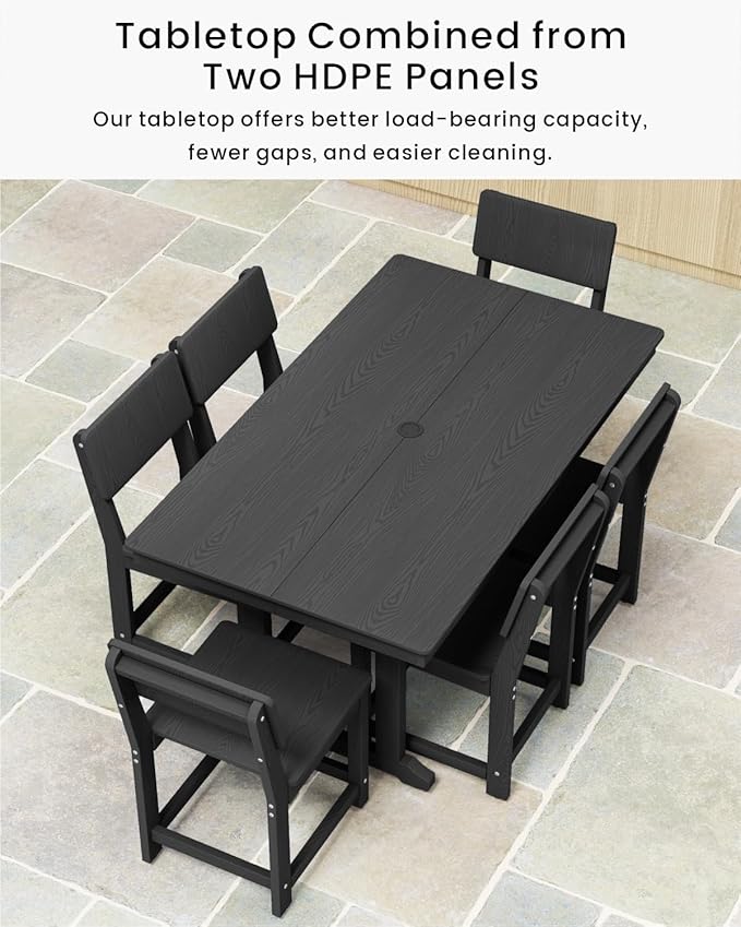 7-Piece HDPE Outdoor Dining Set, Weatherproof Patio Table and Chairs for 6, Outdoor Dining Table Set for Outside Deck Backyard Garden, Black