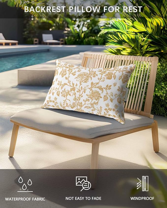Pack of 4 Outdoor Lumbar Pillow Covers 12x20 Inch, Orange Flower Waterproof Throw Pillow Covers Set, Vintage Farmhouse Boho Leaf Spring Plant Indoor&Outdoor Cushion Cases for Patio Porch Beach