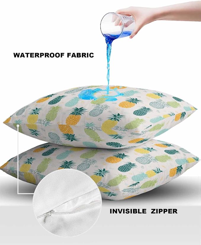 Outdoor Waterproof Pillow Covers for Patio Furniture Pineapple Decorative Throw Pillow Cover Summer Tropical Fruit Pillowcases Set of 2 Cushion Case for Sofa Couch Chair Home Decor 16x16 inch