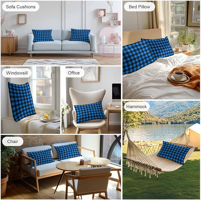 Outdoor Waterproof Throw Pillow Covers Set of 2 Buffalo Plaid Lumbar Pillowcases 20x12 Inches Pastoral Blue Black Checked Decorative Pillows Cushion Case Patio Pillows for Couch Bed Chair Garden