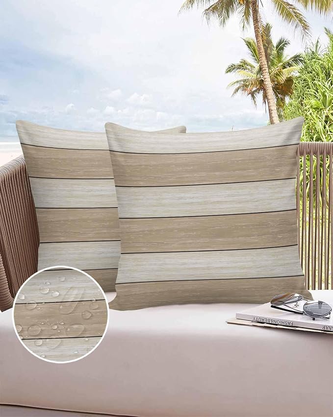 Vandarllin Outdoor Throw Pillow Covers 24X24 Set of 2 Waterproof Ivory White Beige Decorative Zippered Cushion Covers for Patio Furniture, Farmhouse Retro Rustic Barn Wood Texture Lumbar Pillowcases