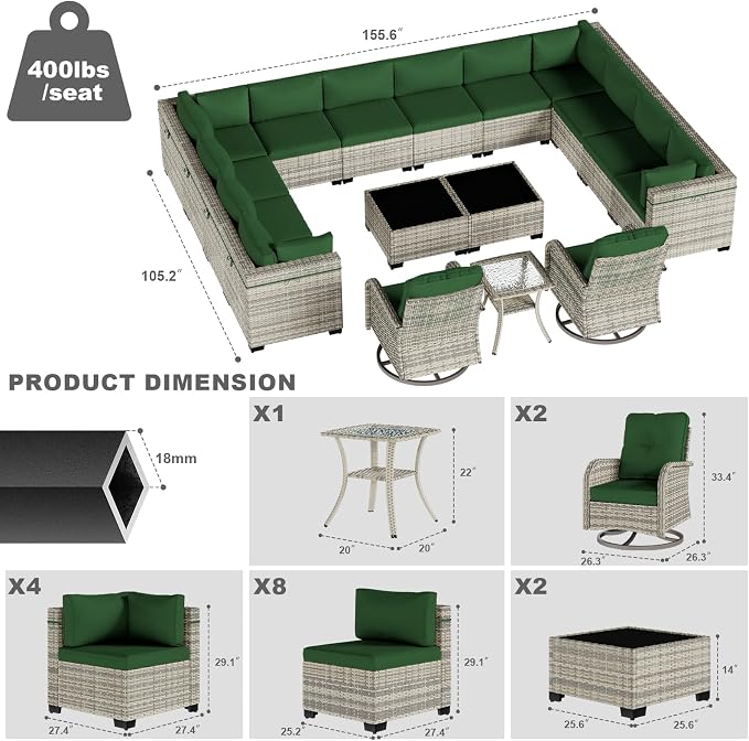 17-Piece Patio Furniture Set, Outdoor Patio Furniture with Swivel Chairs Set, Thick Cushions, Modular Patio Sofa, Dual-Strand Wicker Rattan, Rust-Resistant Frame, Dark Green