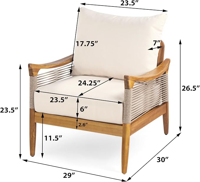 Christopher Knight Home Heidi Acacia Wood 5 Piece Patio Furniture Set 7-Seater Outdoor Loveseat, 3-Seater Sofa, Club Chairs and Coffee Table, Patio Conversation Set With Woven Rope Accents, Teak+Beige