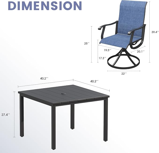 VICLLAX 5 Pieces Patio Dining Set, Patio Furniture Set of 4 Patio Swivel Dining Chairs and Square Patio Table, Navy Blue Chairs & Black Tabletop