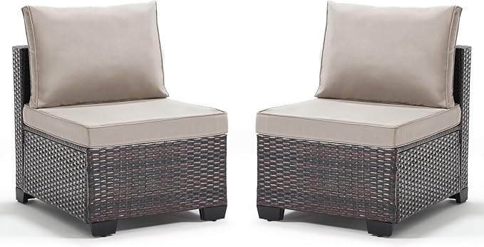 ANJ Outdoor Wicker Patio Chairs Set of 2, Modular Armless Patio Seating with Thick Cushions, All-Weather Rattan Conversation Chair Set for Porch, Balcony, Garden, Backyard, Dark Brown Wicker-Grey