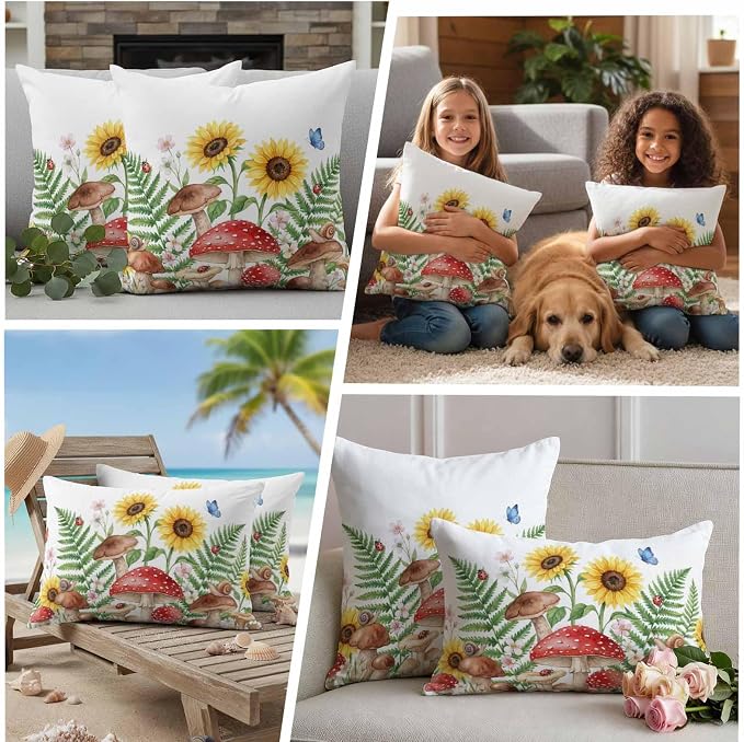 Outdoor Waterproof Throw Pillow Covers Set of 2 Red Mushroom Pillowcases 26x26 Inches Spring Butterfly Sunflower Green Ferns Decorative Pillows Cushion Case Patio Pillows for Couch Bed Chair Garden