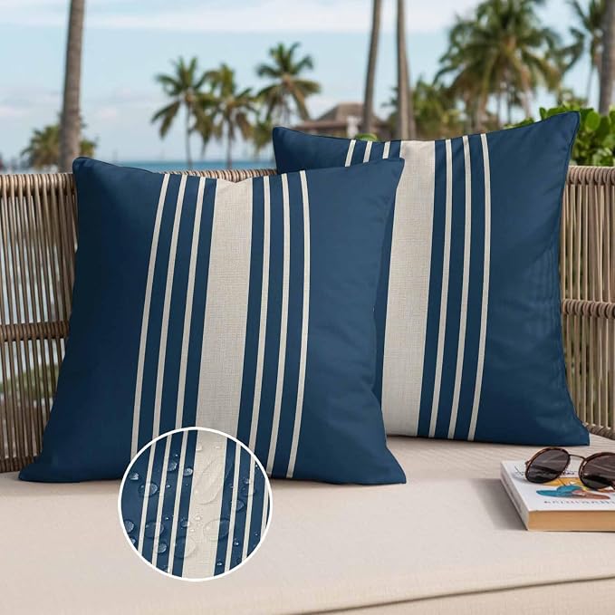 Throw Pillow Covers 26x26 Inch Set of 2, Navy Blue Beige Striped Waterproof Outdoor Cushion Covers, Modern Farmhouse Retro Lines Decorative Pillowcases for Couch, Sofa, Bed, Garden, Patio
