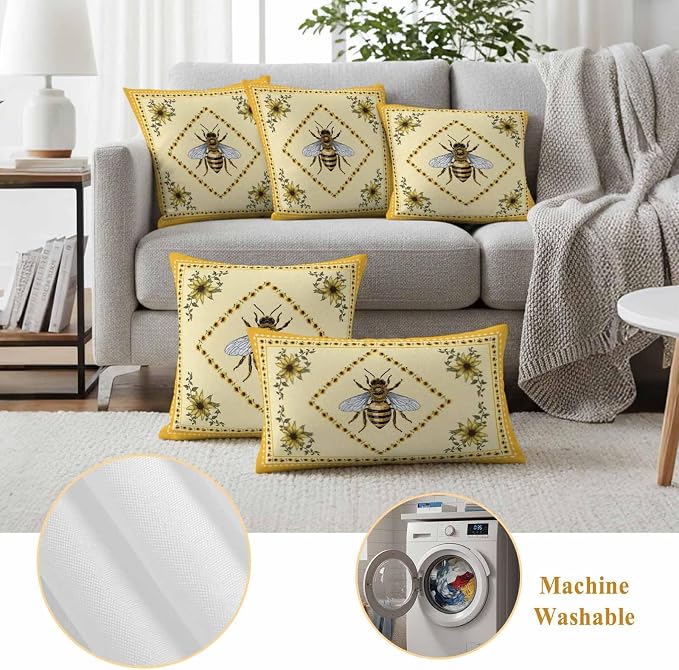 Sunflowers and Bee Outdoor Pillow Covers Set of 2, Farmhouse Retro Floral Decorative Waterproof Throw Pillow Case, Animal Honeybee Cushion Pillowcases for Couch Garden Patio 16x16In