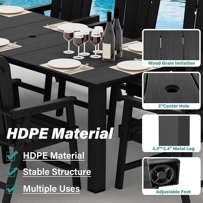 9 Piece Outdoor Dining Set for 8, Patio Table and Chairs, Black | 89.4” table,Large 8 person HDPE outdoor dining set, high back 304 stainless steel, weather resistant for long-term outdoor