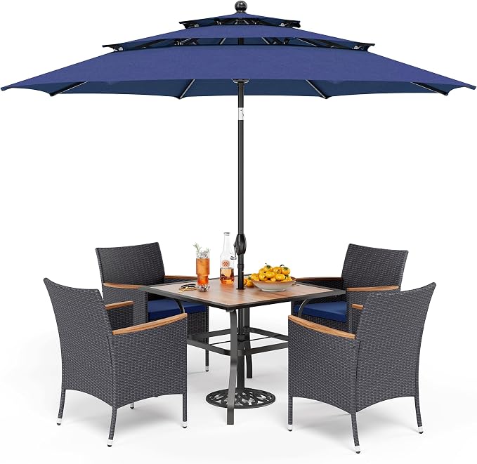 PHI VILLA 5pc Patio Dining Set with Umbrella, Square Table, Rattan Chairs | 37" Wood-like Metal Table, Cushioned PE Rattan chairs, 10ft Navy Blue 3 Tier Auto-tilt Umbrella (Base Not Included)