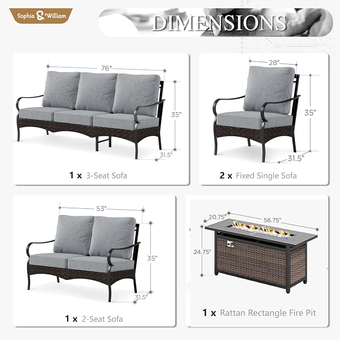 Sophia & William Patio Furniture Set with Fire Pit Table, 5 PCS Metal Outdoor Conversation Set with Fire Pit Table, 2 Sofa Chairs,1 Loveseat, 3-Seater Couch for Outdoor Seating, Backyard, Porch(Grey)