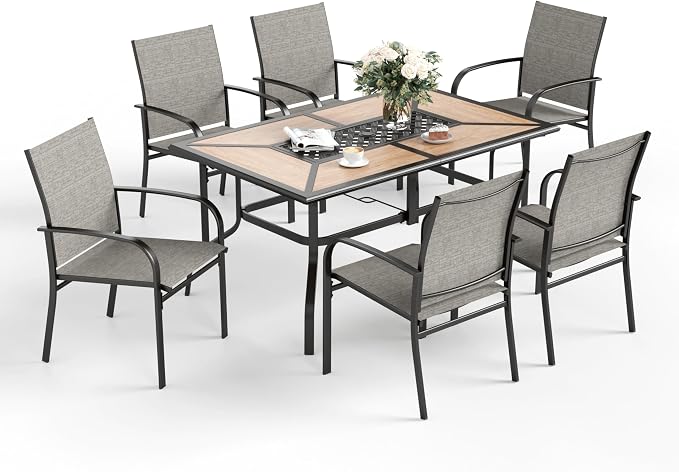 SUNSHINE VALLEY 7 Pcs Patio Dining Set for 6, Metal Rectangular Dining Table (PVC Table Top) with Umbrella Hole and 6 Chairs, Outdoor Dining Set for Lawn Garden Deck, Brown