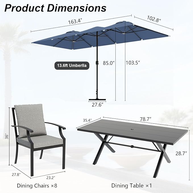 10-Pieces Patio Conversation Set,Metal Outdoor Furniture Set Includes 13.6FT Navy Umbrella,Hole Cut-Out 78.7" x 35.4" Table and 8 Metal Backrest Chairs for Backyard,Garden,Grey