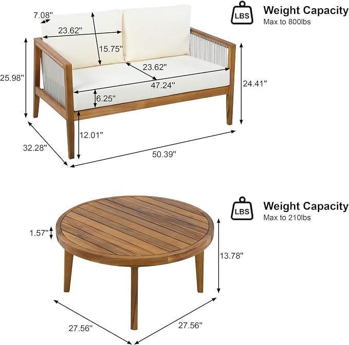 Christopher Knight Home Lalulu Outdoor Loveseat Sofa and Coffee Table Set, Acacia Wood Patio Furniture Set with Cushion, Solid Wood Outdoor Conversation Set, Teak+Beige