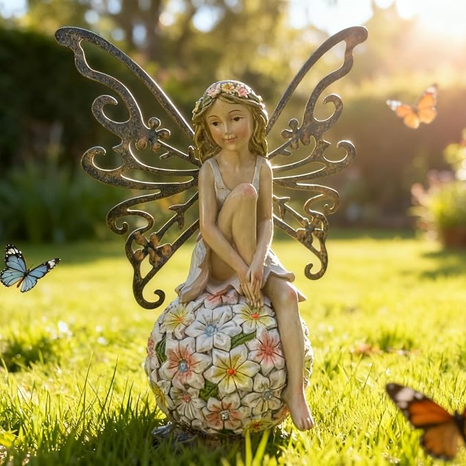 Suyorpe Solar Garden Fairy Statues Light Outdoor Decor - Fairies for Fairy Garden Housewarming Ornament for Patio, Lawn, Yard, Pathway Unique Gift Ideas for Gardening Mom Grandma ﻿