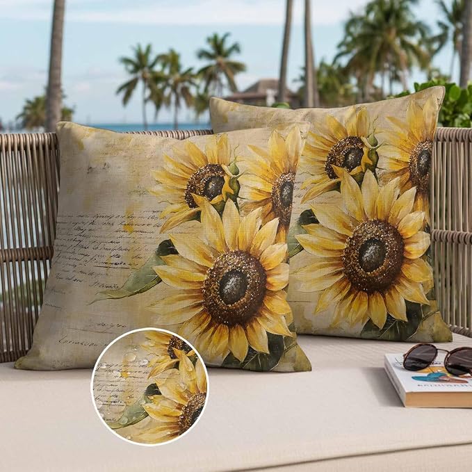 Retro Sunflower Outdoor Waterproof Throw Pillow Covers Set of 2, 20"x20", Pastoral Floral Painting Newspaper Background Decorative Pillow Covers Outside Cushion Case for Patio Porch Garden